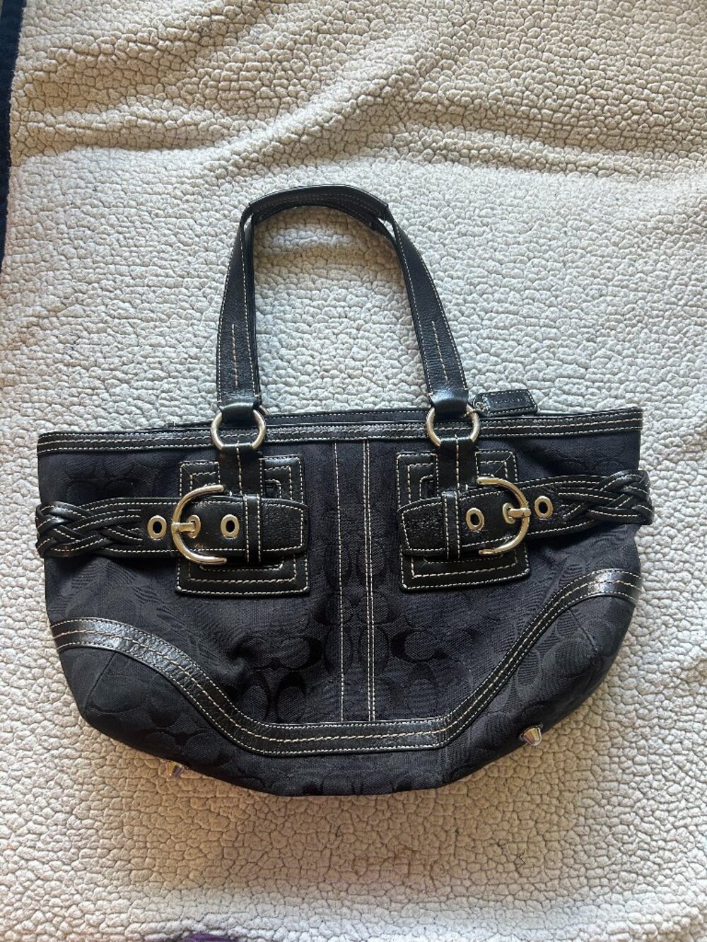Coach -- medium, black, signature canvas, braided leather, silver hardware